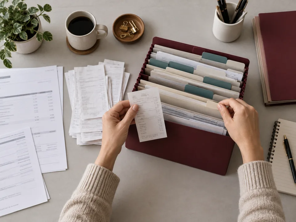 Illustrative overhead scene of receipts and statements being sorted into an orderly monthly filing system.