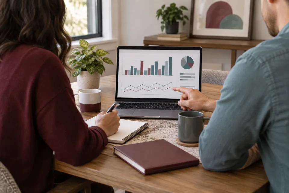 Illustrative small-business planning scene with two anonymous people reviewing simple unlabeled charts.